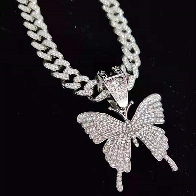 Hip Hop Iced Out Bling butterfly Pendant Necklace