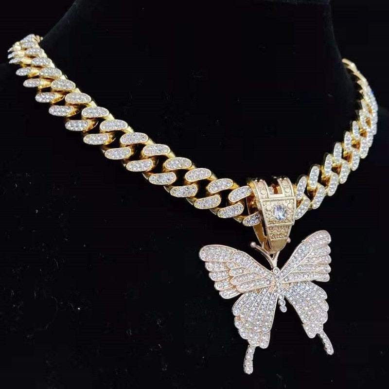 Hip Hop Iced Out Bling butterfly Pendant Necklace