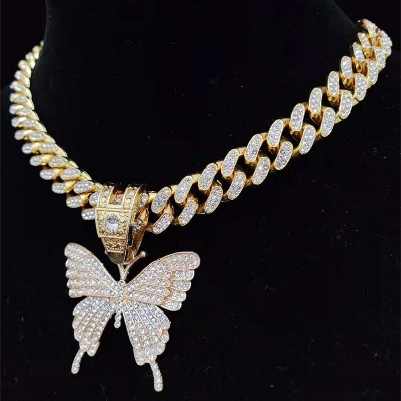 Hip Hop Iced Out Bling butterfly Pendant Necklace