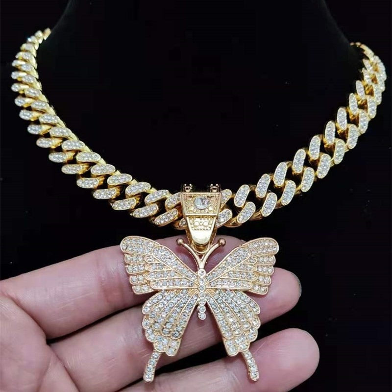 Hip Hop Iced Out Bling butterfly Pendant Necklace