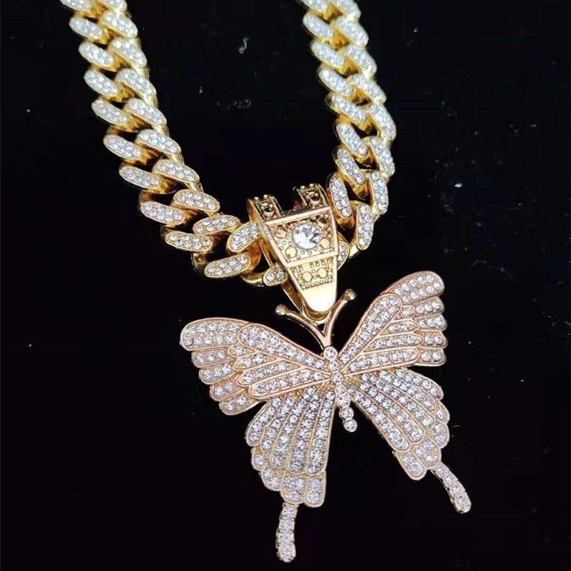 Hip Hop Iced Out Bling butterfly Pendant Necklace