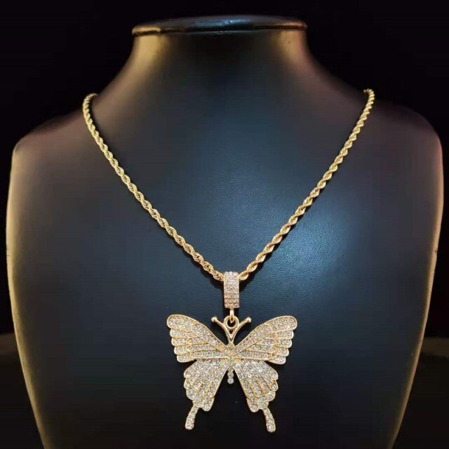 Hip Hop Iced Out Bling butterfly Pendant Necklace