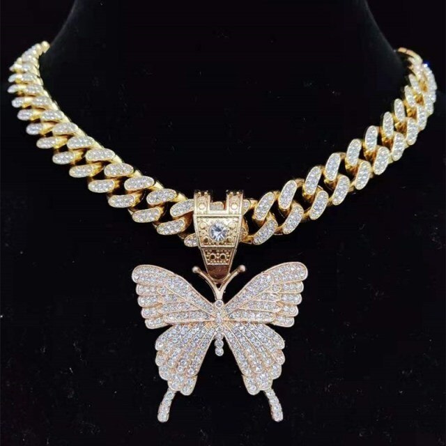 Hip Hop Iced Out Bling butterfly Pendant Necklace