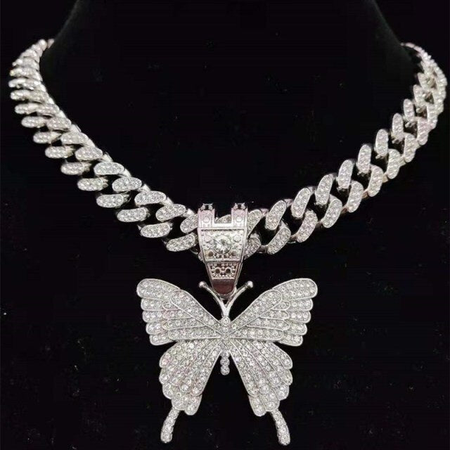 Hip Hop Iced Out Bling butterfly Pendant Necklace