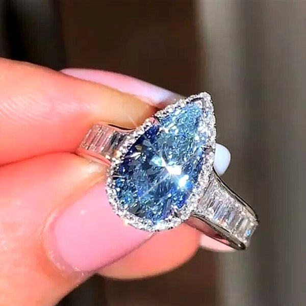 Personality Blue Water-drop-shaped CZ Rings for Women