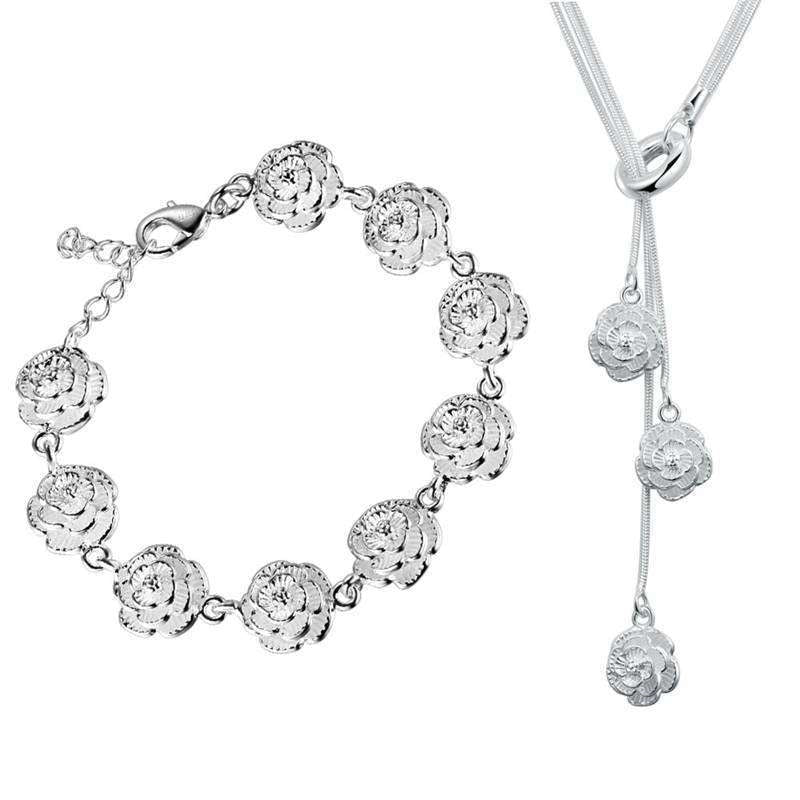 Rose Flower Bracelet Ring Earrings Necklace 4 pcs Jewelery Set