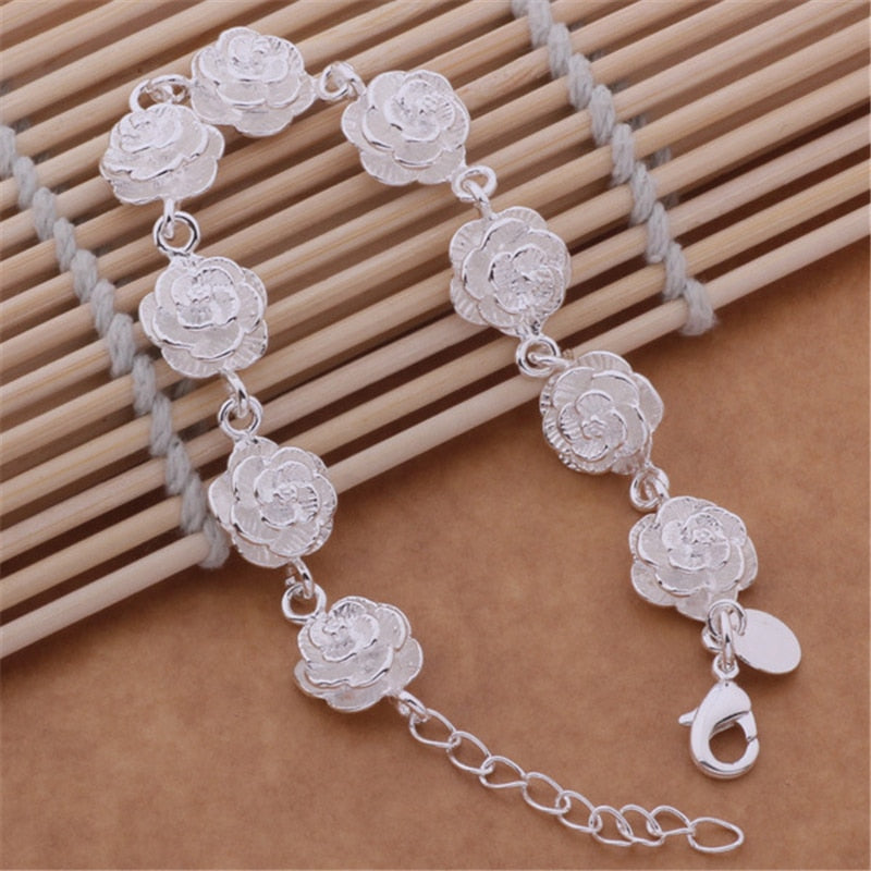 Rose Flower Bracelet Ring Earrings Necklace 4 pcs Jewelery Set