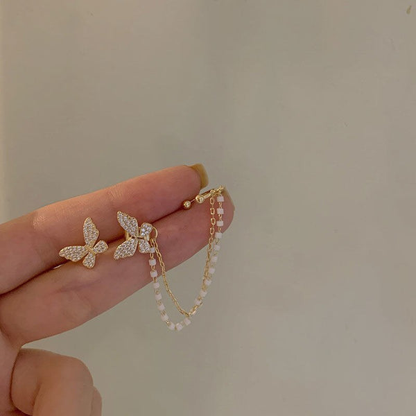 Pendientes coreanos elegantes con clip de mariposa y diamantes de imitación