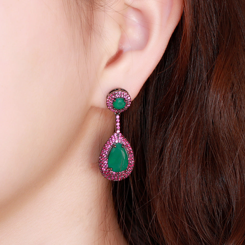 Emerald Green Crystal Topaz Rose Red CZ Long Big Waterdrop Dangle Drop Earrings