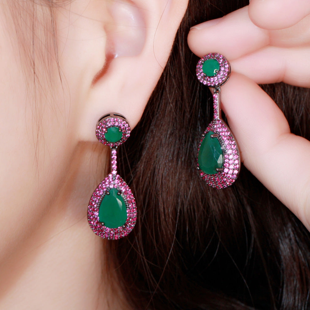 Emerald Green Crystal Topaz Rose Red CZ Long Big Waterdrop Dangle Drop Earrings