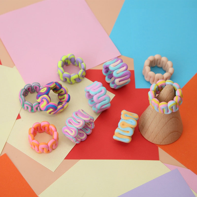 Bohemia Colorful Stripe Geometric Wide Rings for Women