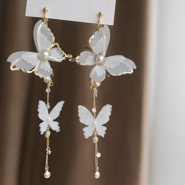 New Trendy Long Tassel Transparent Yarn Blue Purple Butterfly Earring