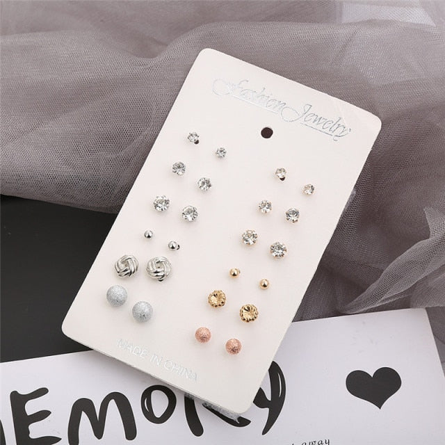 12 pairs/set Crystal Simulated Pearl Earrings Set