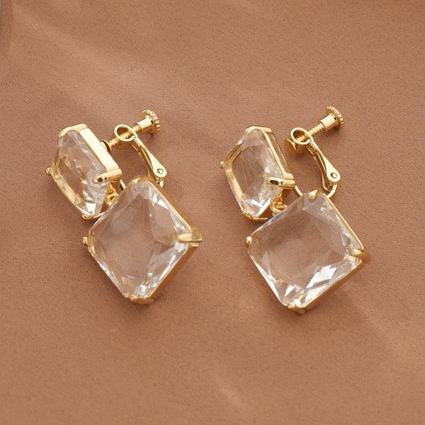 Fashion New Style Luxury Elegant Shiny Square Crystal Clip on Earrings For Non Pierced