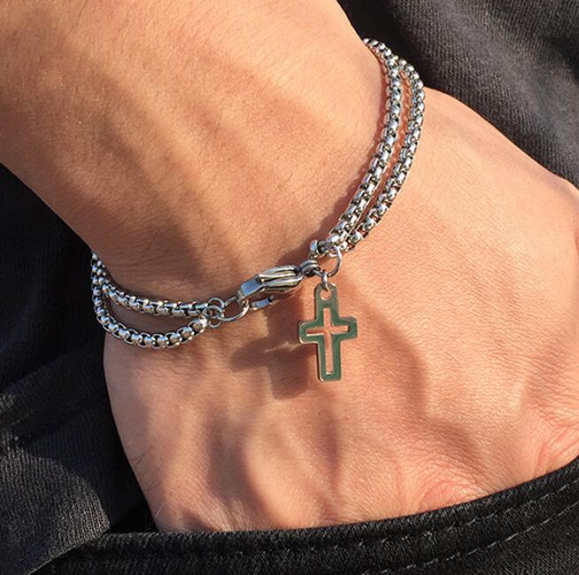 Double Strand Rolo Chain with Cross Charms Bracelet