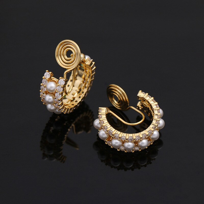 Exquisite Small Semicircle Vintage Simulated Pearl Zirconia Clip on Hoop Earrings