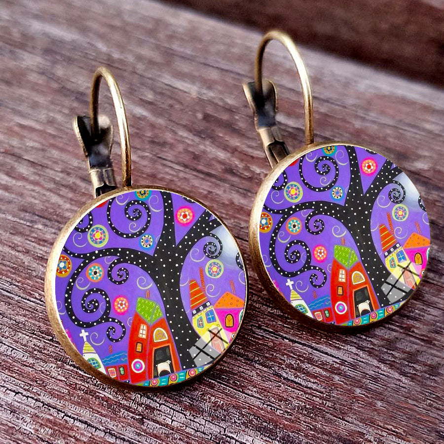 Colorful House and Tree Women Stud Earring