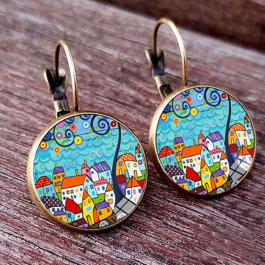 Colorful House and Tree Women Stud Earring
