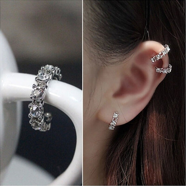 Nuevos pendientes de moda con diamantes de imitación y clip de oreja de aleación