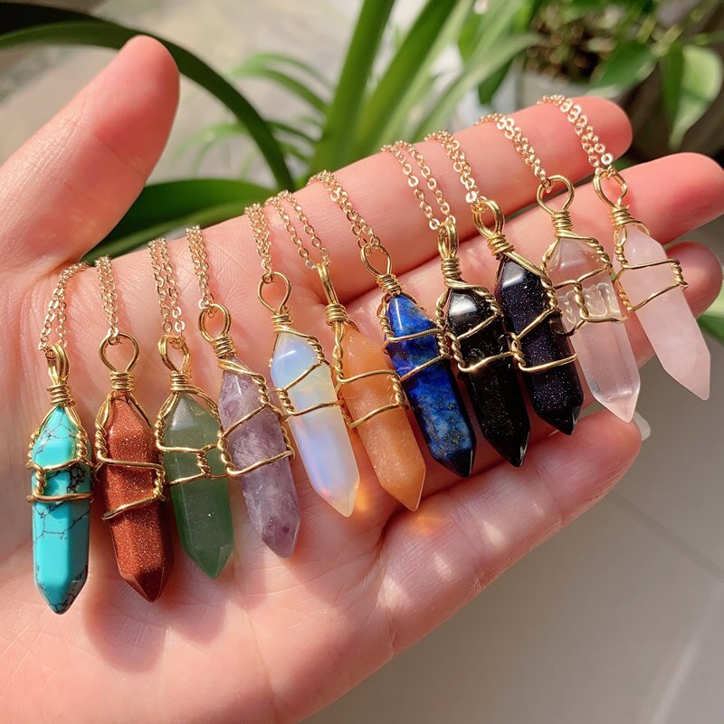 Natural Stone  Wire Wrap Crystal Necklace