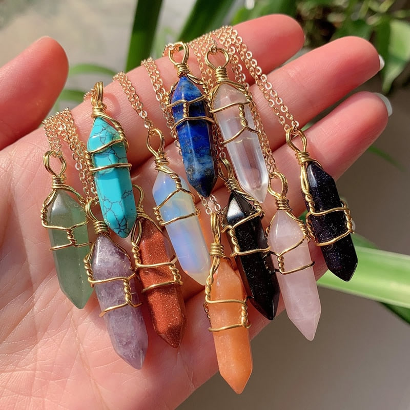 Natural Stone  Wire Wrap Crystal Necklace