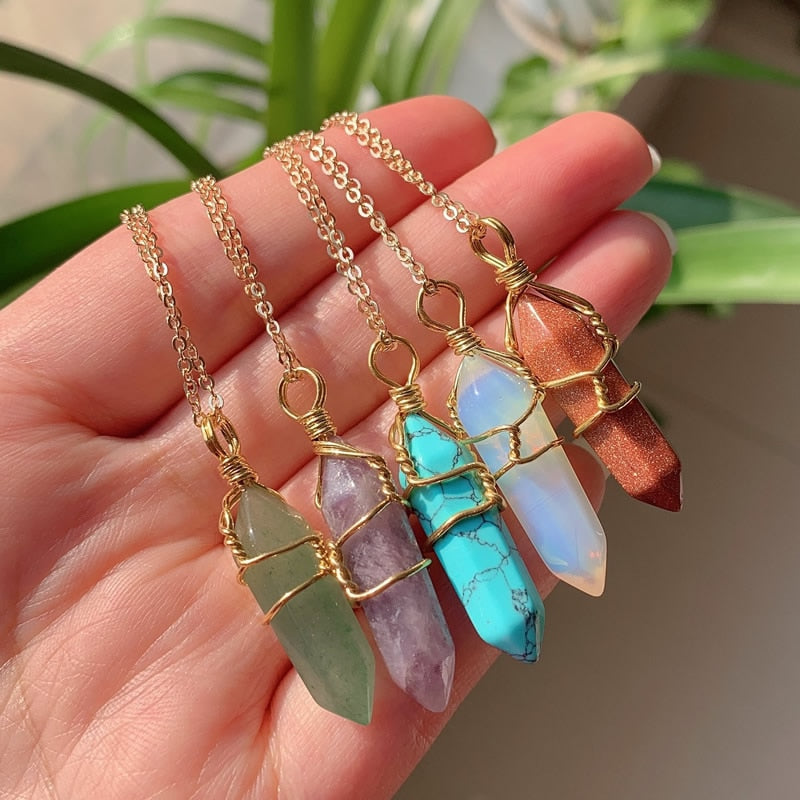 Natural Stone  Wire Wrap Crystal Necklace