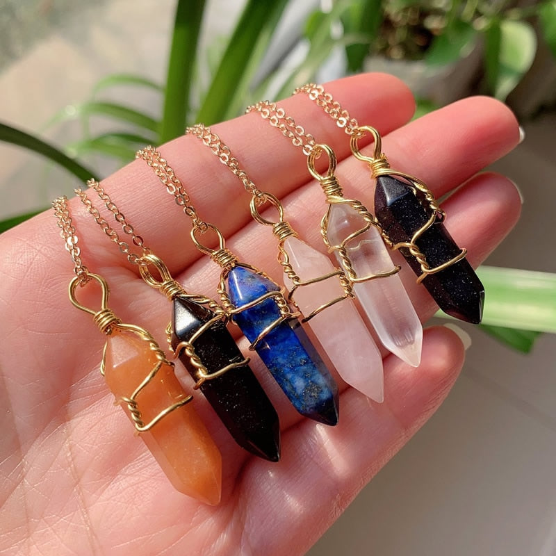 Natural Stone  Wire Wrap Crystal Necklace