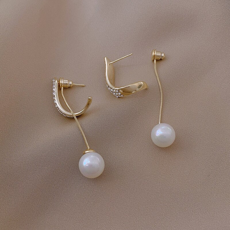 Elegant Simulated-pearl Tassel Long Crystal Earrings