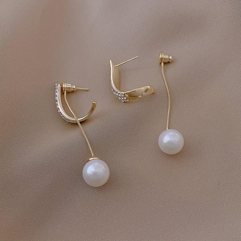 Elegant Simulated-pearl Tassel Long Crystal Earrings