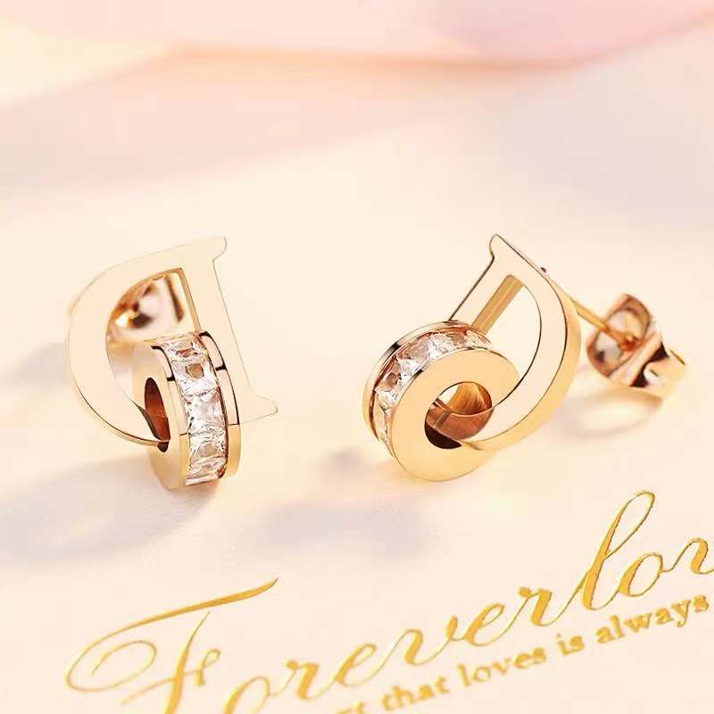 New titanium steel zircon D letter Circle Earrings