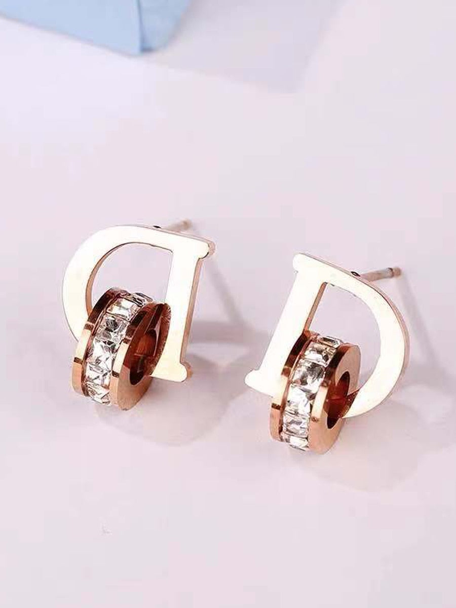 New titanium steel zircon D letter Circle Earrings