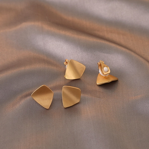 Korean Style Simple Geometric Matte Gold Clip on Earrings