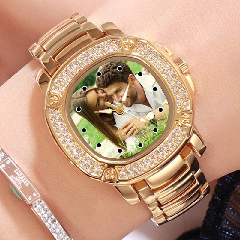 gold color Rhinestone watch  women's custom photo wristwatch