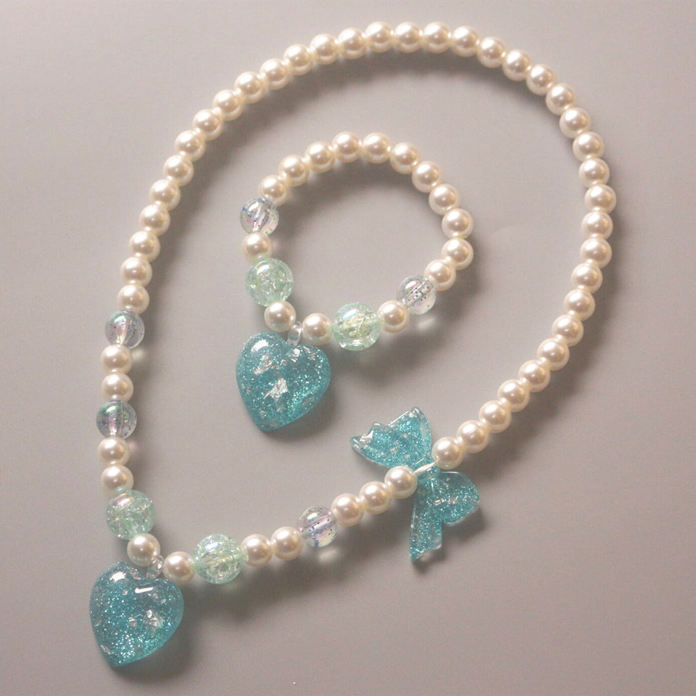 Cute Children Pearl Necklace Bracelet Heart Star  Jewelry Set