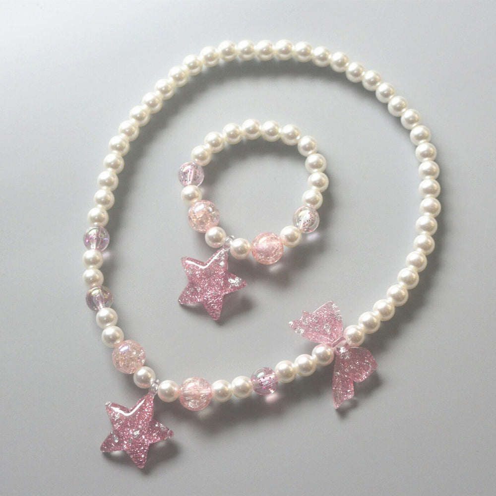 Cute Children Pearl Necklace Bracelet Heart Star  Jewelry Set