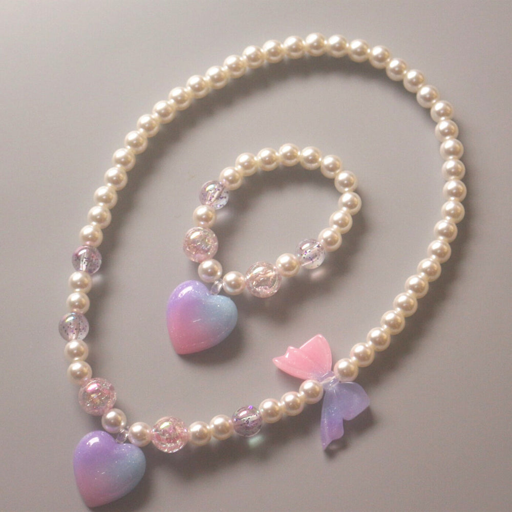 Cute Children Pearl Necklace Bracelet Heart Star  Jewelry Set