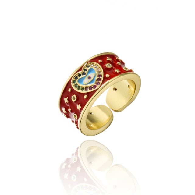 Classic Design Evil Eye Charm Gold Color Rainbow CZ Party Ring