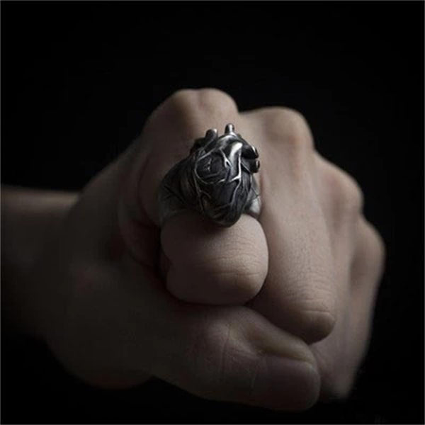 Anillo vintage de acero inoxidable 316L negro para hombre, único y con forma de corazón