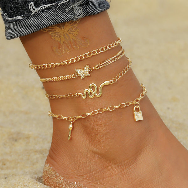 Conjunto de tobilleras con cadena dorada bohemia y animal para mujer