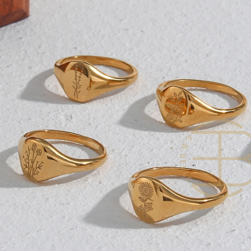 18k Gold Plated Lavender Sunflower Signet Rings