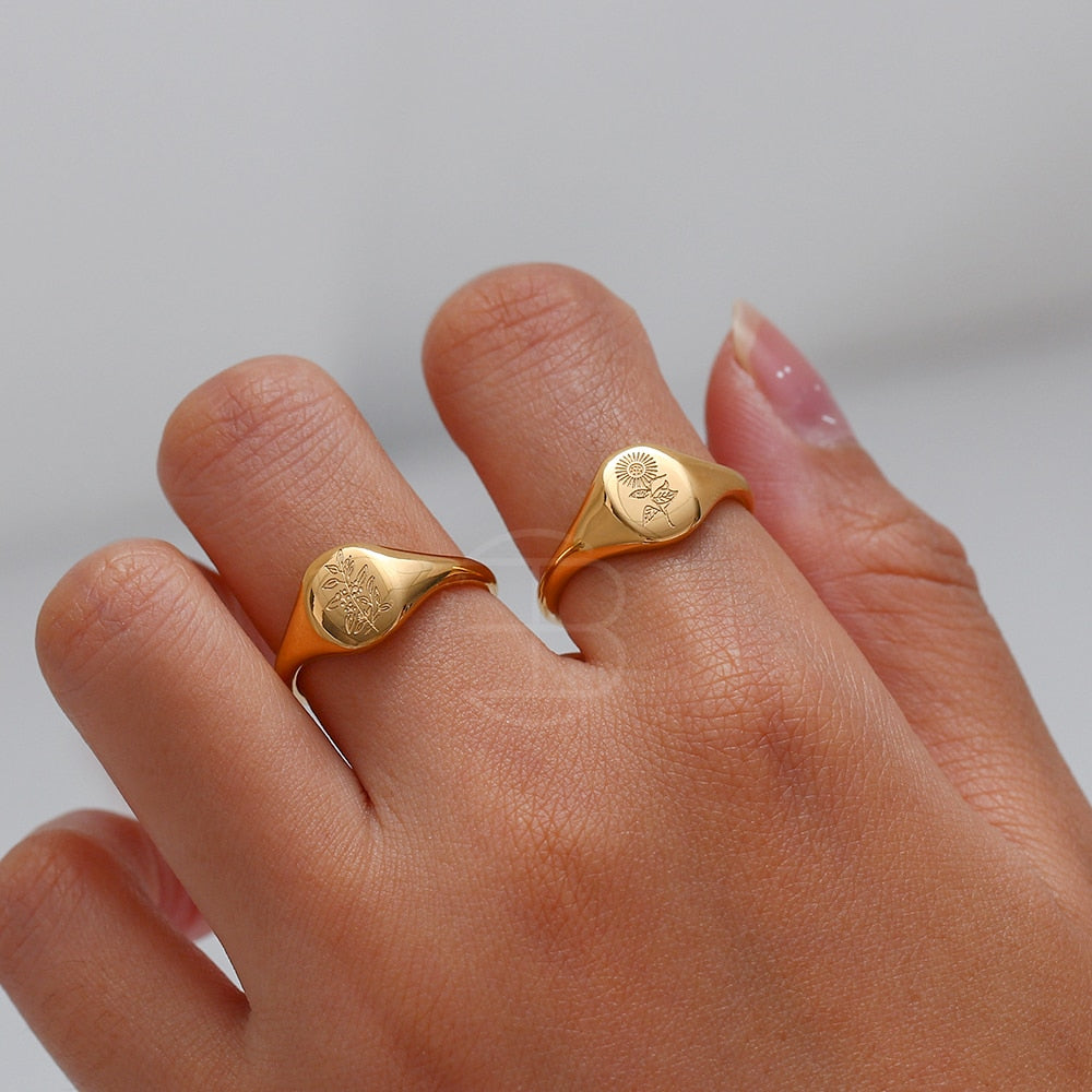 18k Gold Plated Lavender Sunflower Signet Rings