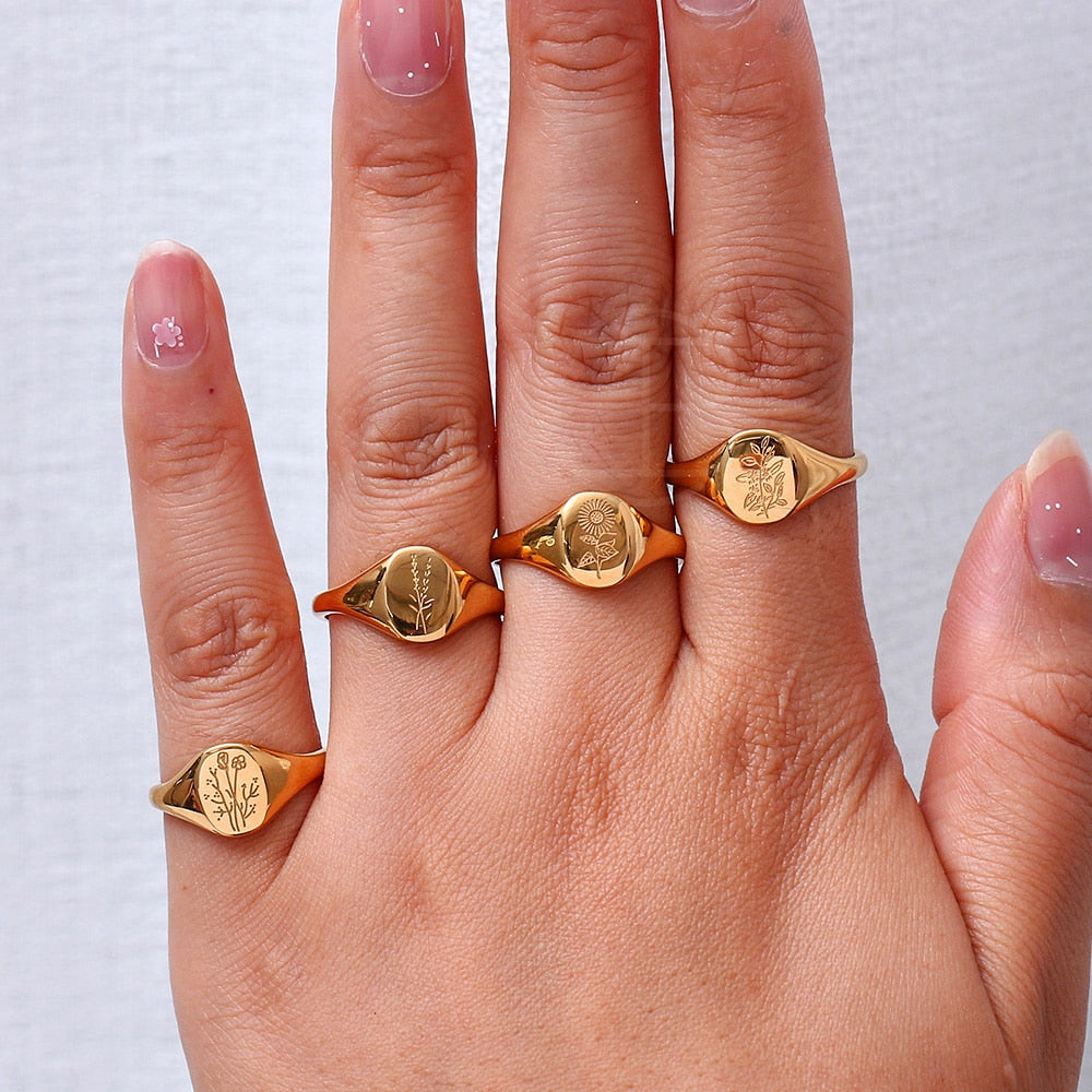 18k Gold Plated Lavender Sunflower Signet Rings