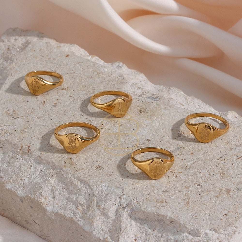 18k Gold Plated Lavender Sunflower Signet Rings