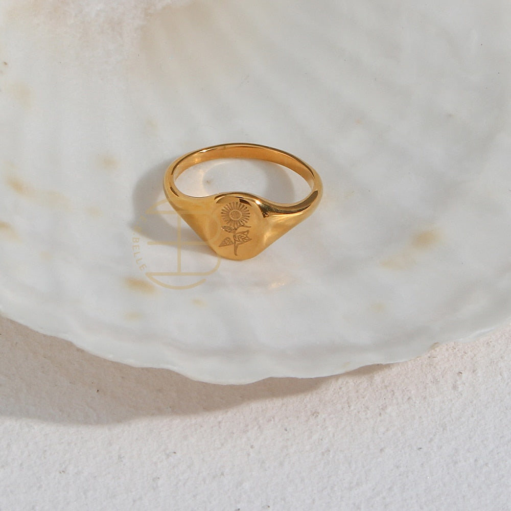 18k Gold Plated Lavender Sunflower Signet Rings