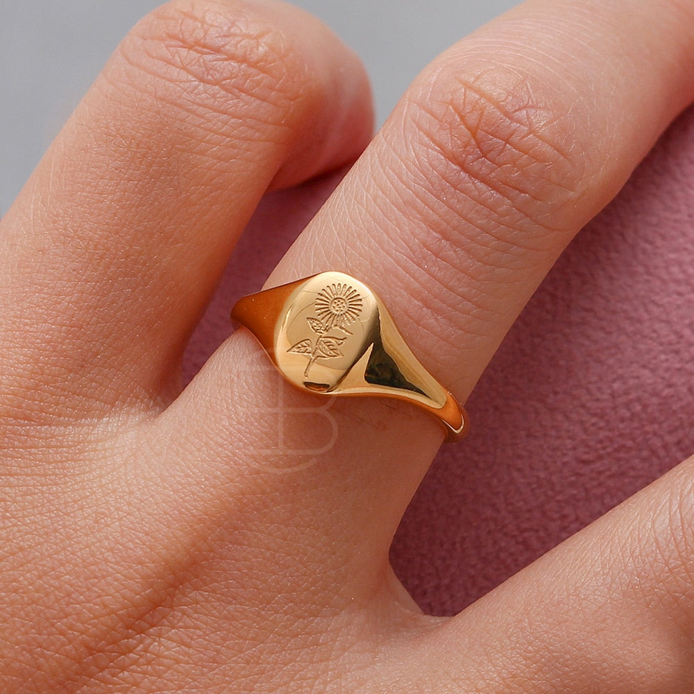 18k Gold Plated Lavender Sunflower Signet Rings