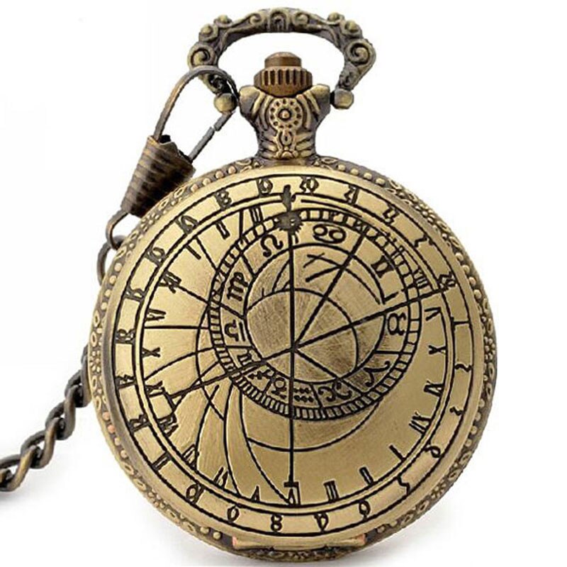 Antique Retro Bronze Compass Prague Astronomical Design Analog Pocket Watch