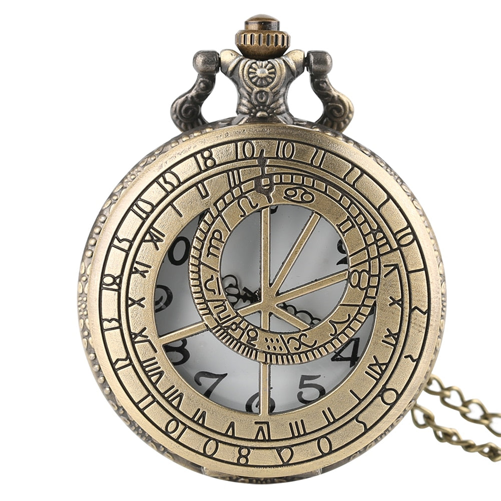 Antique Retro Bronze Compass Prague Astronomical Design Analog Pocket Watch