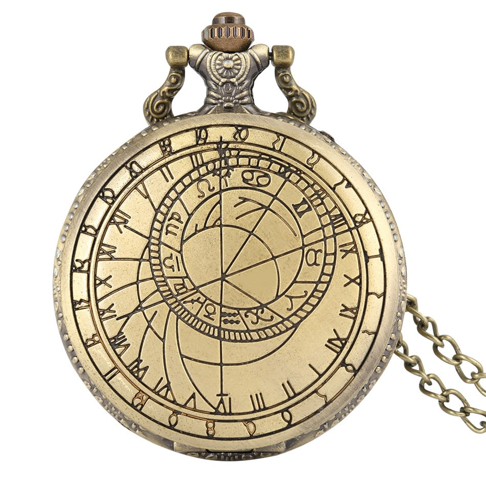 Antique Retro Bronze Compass Prague Astronomical Design Analog Pocket Watch