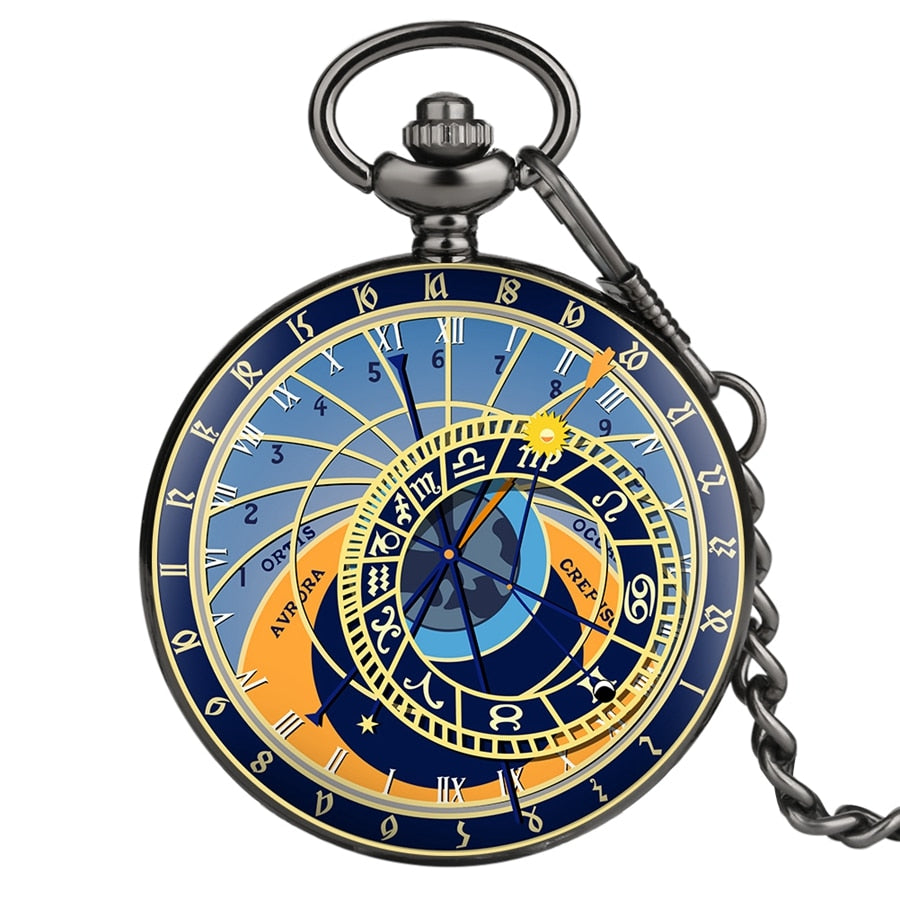 Antique Retro Bronze Compass Prague Astronomical Design Analog Pocket Watch
