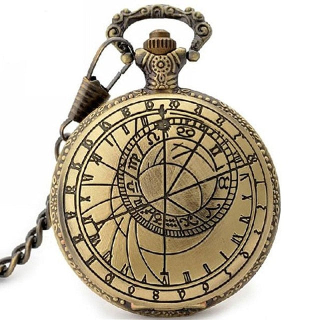 Antique Retro Bronze Compass Prague Astronomical Design Analog Pocket Watch